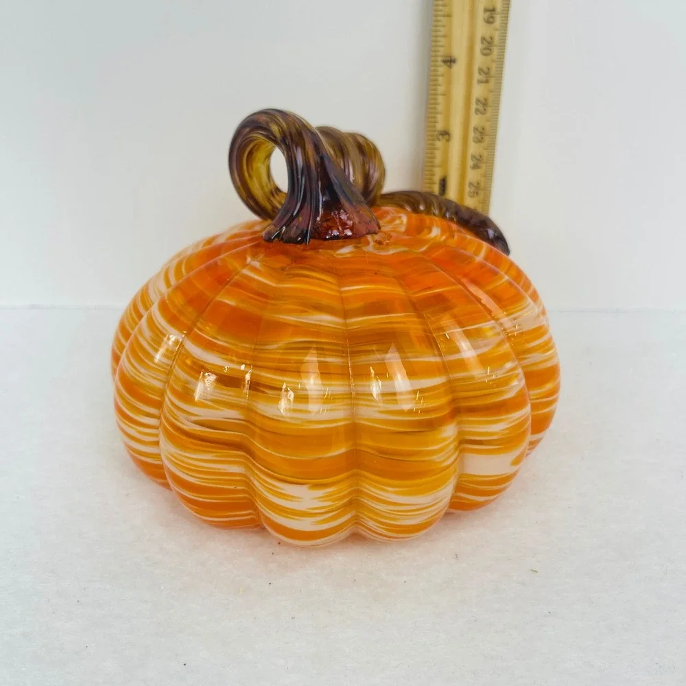 Hand Blown Glass Pumpkin Orange White Swirl Amber Curly Stem Fall Decor 5x4